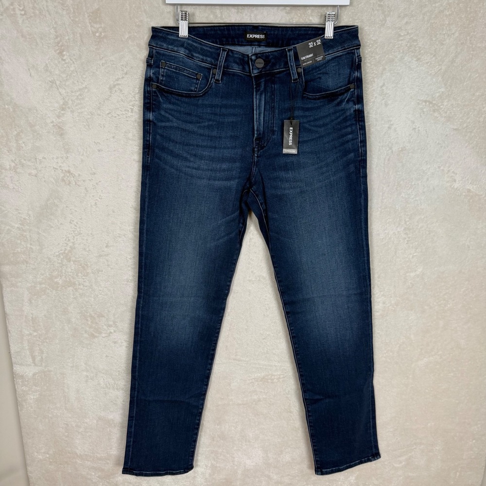 Express Slim Straight Hyper Stretch Jeans Dark Wash Blue 32x32 NWT - Picture 2 of 8